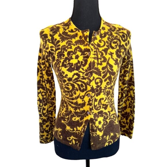 Carol Little Lambs Wool Angora Cardigan Mustard Yellow Brown Paisley Sweater S - Picture 1 of 9